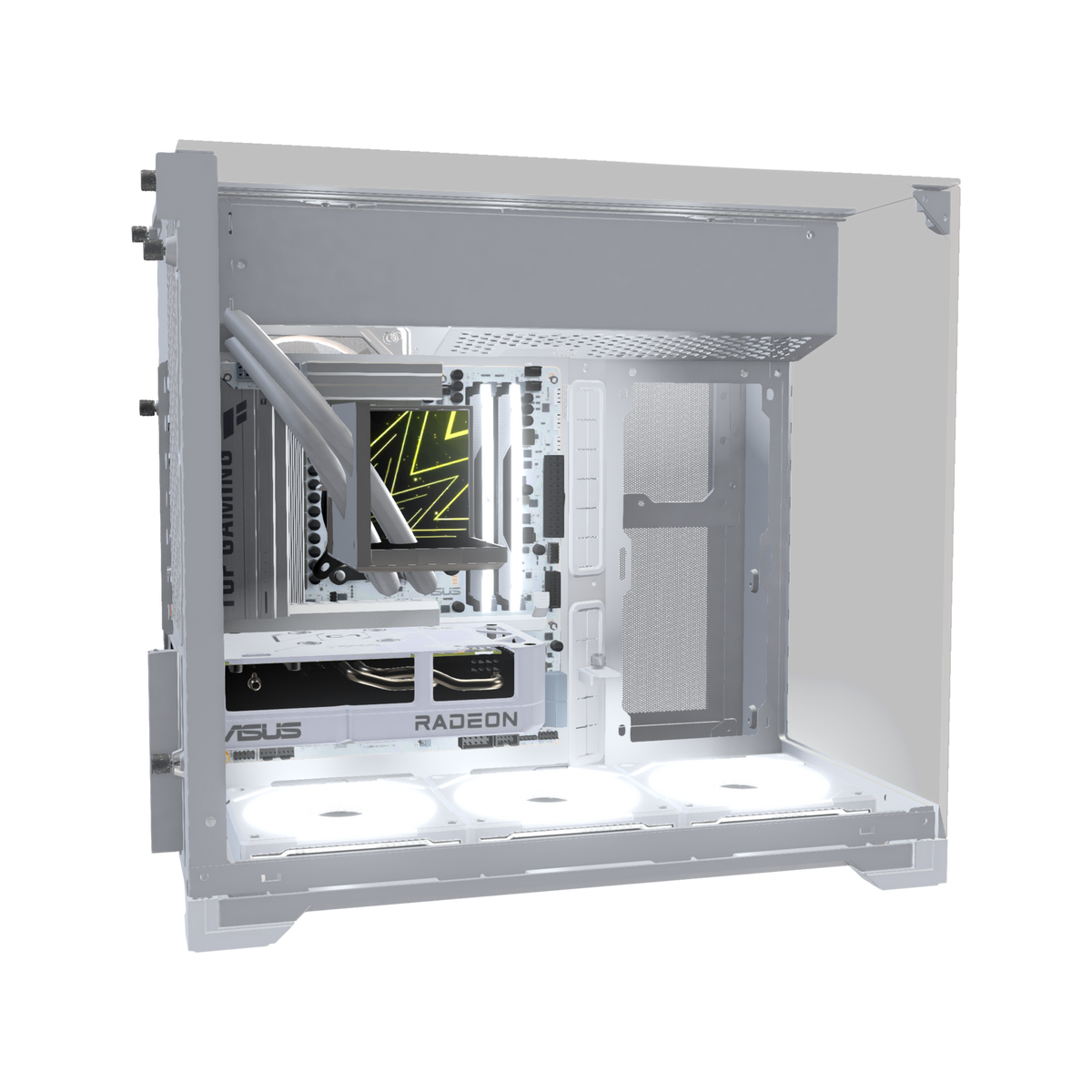 Hype Gaming-PC Einsteiger O11 Vision Weiss – 3D-Rendering von der Seite, RGB Kaltweiss