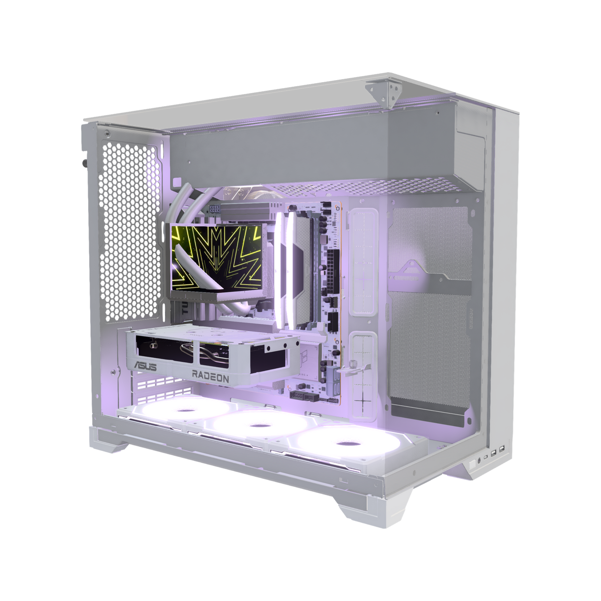 Hype Gaming-PC Einsteiger O11 Vision Weiss – 3D-Rendering schräg von vorne, RGB Lavendel