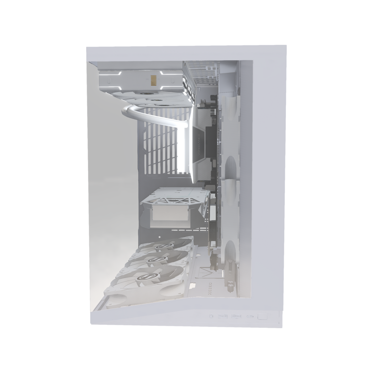 Hype PC da gaming Midrange O11 Mini Bianco – rendering 3D, vista frontale, RGB bianco freddo
