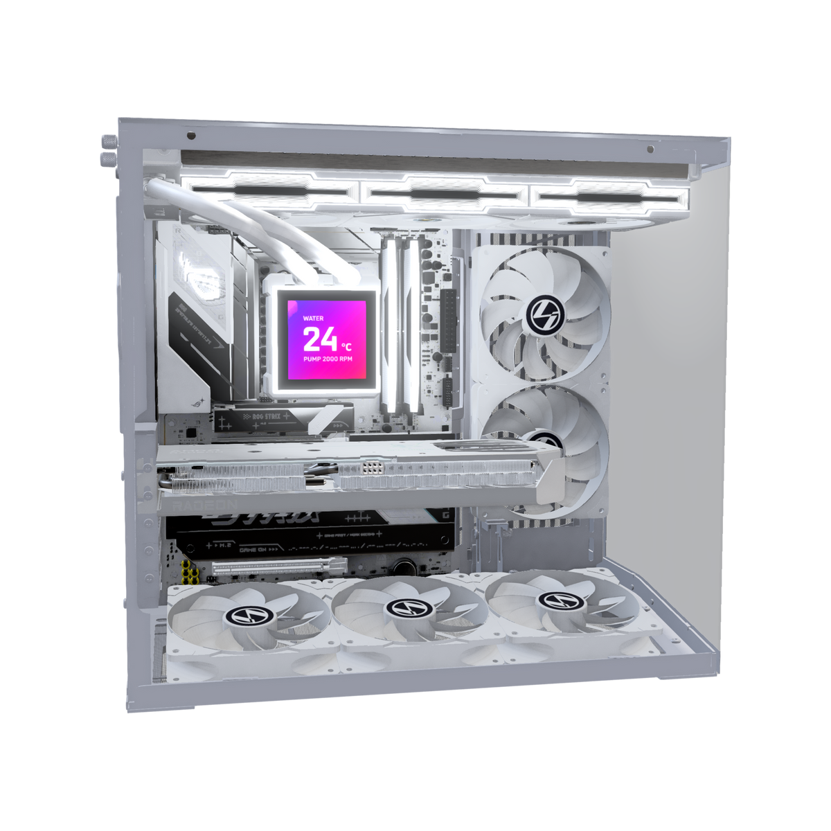 Hype PC da gaming Midrange O11 Mini Bianco – rendering 3D, vista laterale, RGB bianco freddo