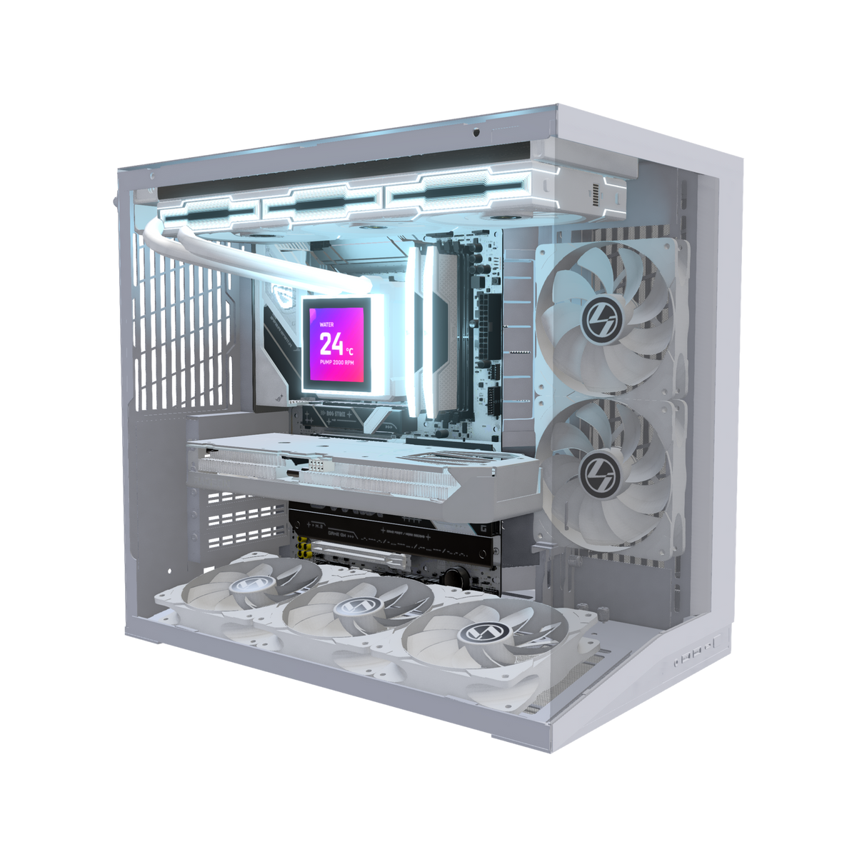 Hype PC da gaming Midrange O11 Mini Bianco – rendering 3D, vista di tre quarti, RGB blu ghiaccio