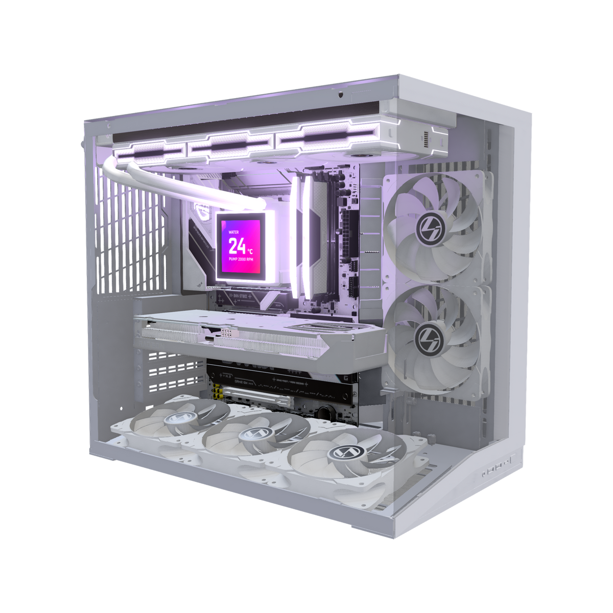 Hype PC da gaming Midrange O11 Mini Bianco – rendering 3D, vista di tre quarti, RGB lavanda