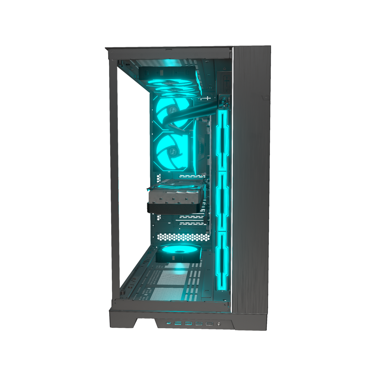 Hype PC Gamer Haut de gamme O11 XL – rendu 3D, vue de face, RGB cyan