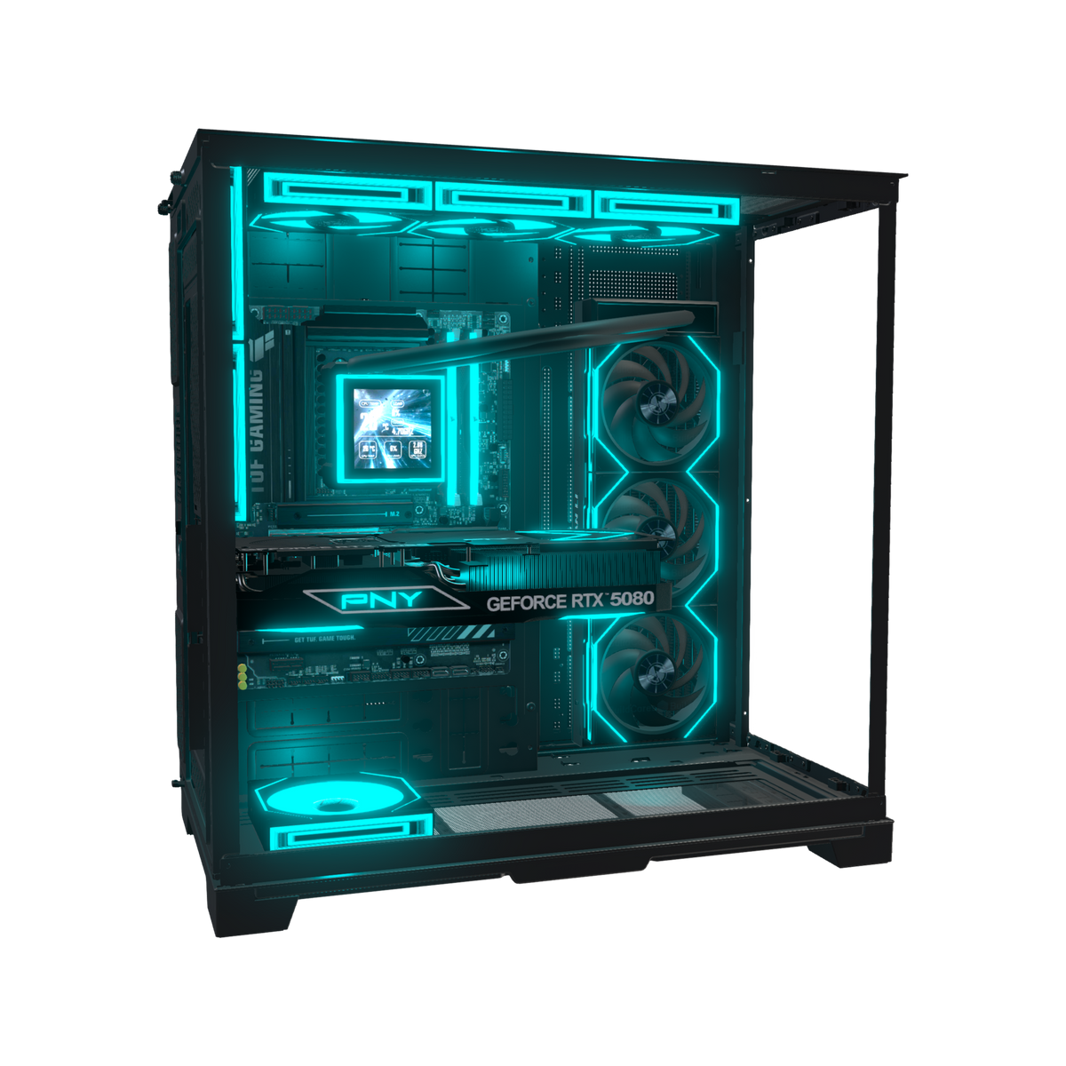 Hype PC Gamer Haut de gamme O11 XL – rendu 3D, vue de côté, RGB cyan