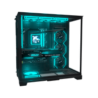 Hype PC Gamer Haut de gamme O11 XL – rendu 3D, vue de côté, RGB cyan