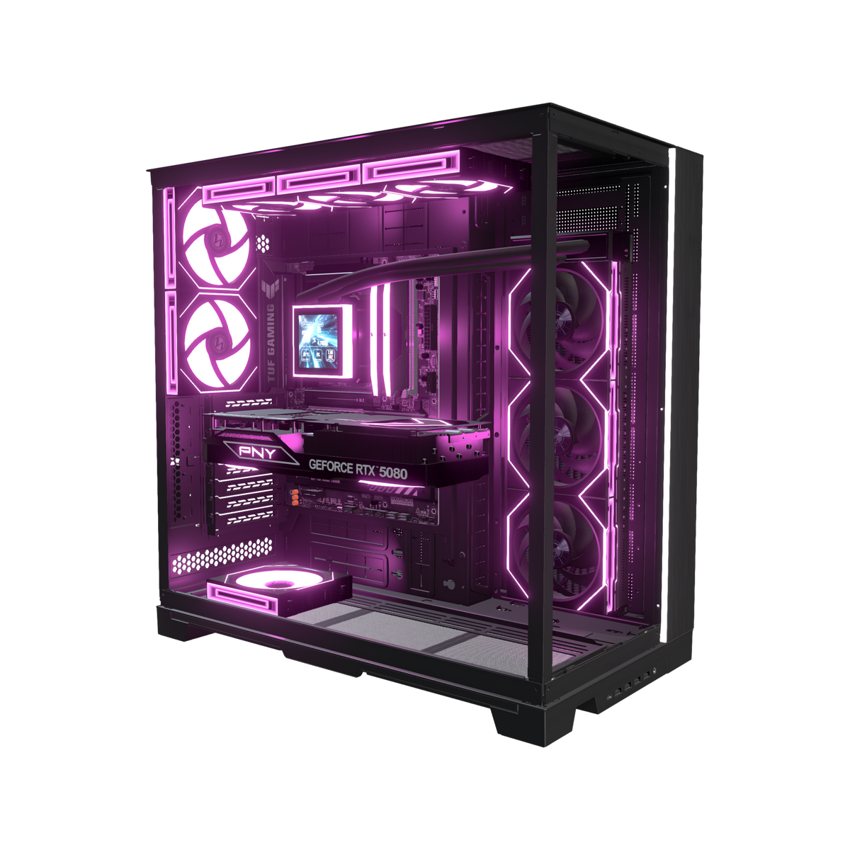Hype PC Gamer Haut de gamme O11 XL – rendu 3D, vue de trois quarts, RGB magenta