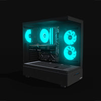 Basecamp Gaming PC Entry – 3D rendering, front three-quarter view, RGB cyan