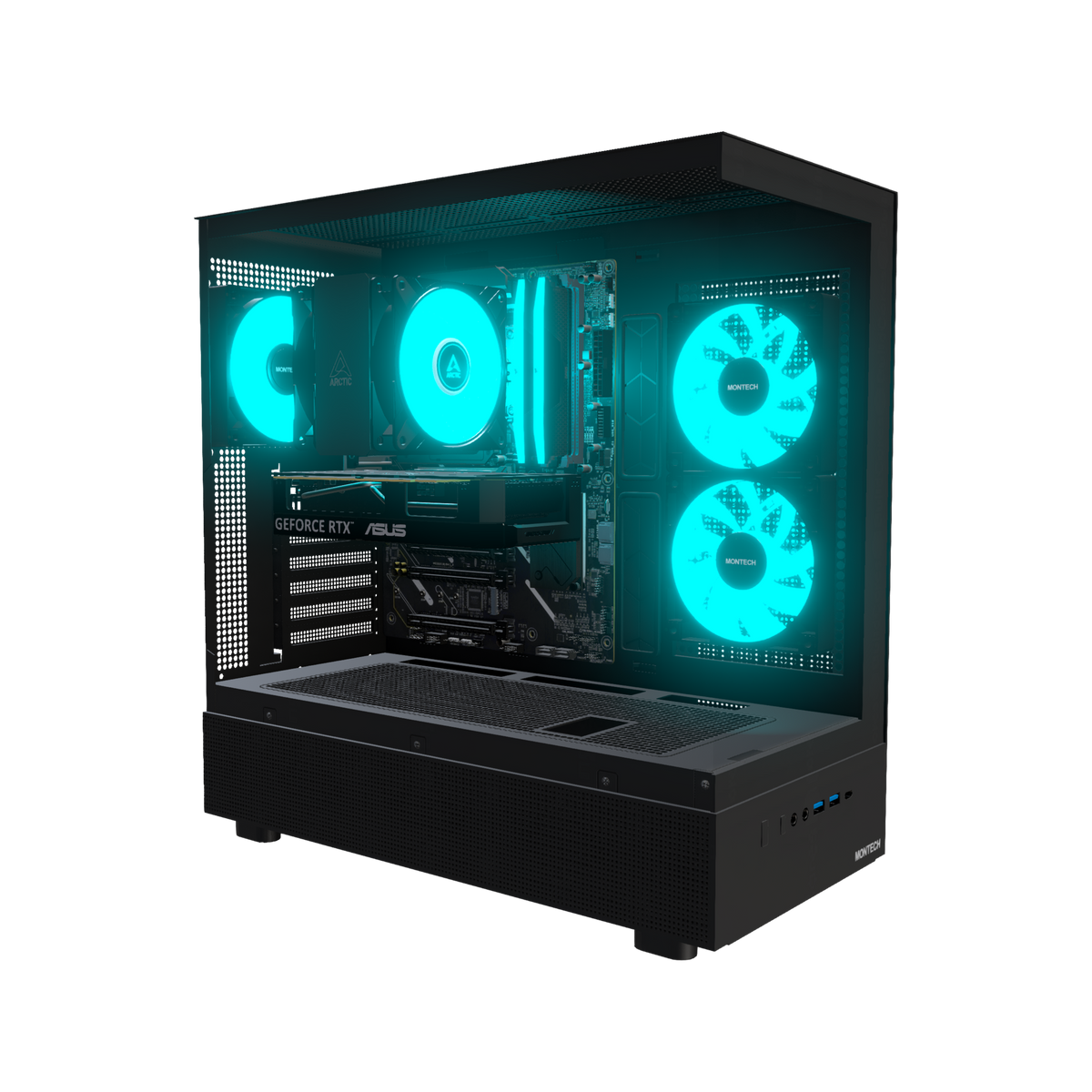 Basecamp Gaming-PC Einsteiger – 3D-Rendering schräg von vorne, RGB Cyan