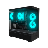 Basecamp Gaming-PC Einsteiger – 3D-Rendering schräg von vorne, RGB Cyan