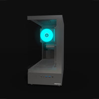 Basecamp Gaming PC Entry – 3D rendering, front view, RGB cyan