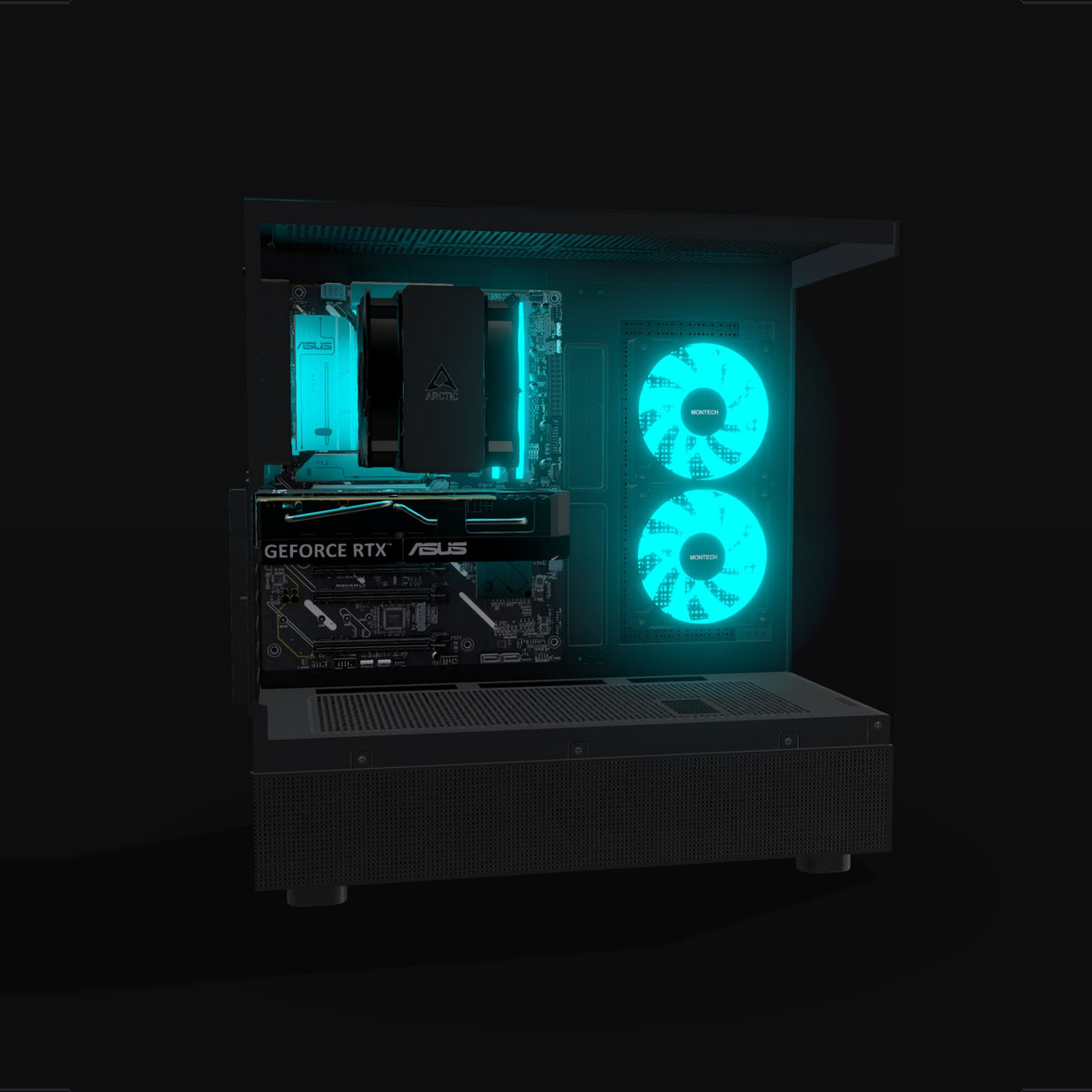 Basecamp Gaming PC Entry – 3D rendering, side view, RGB cyan