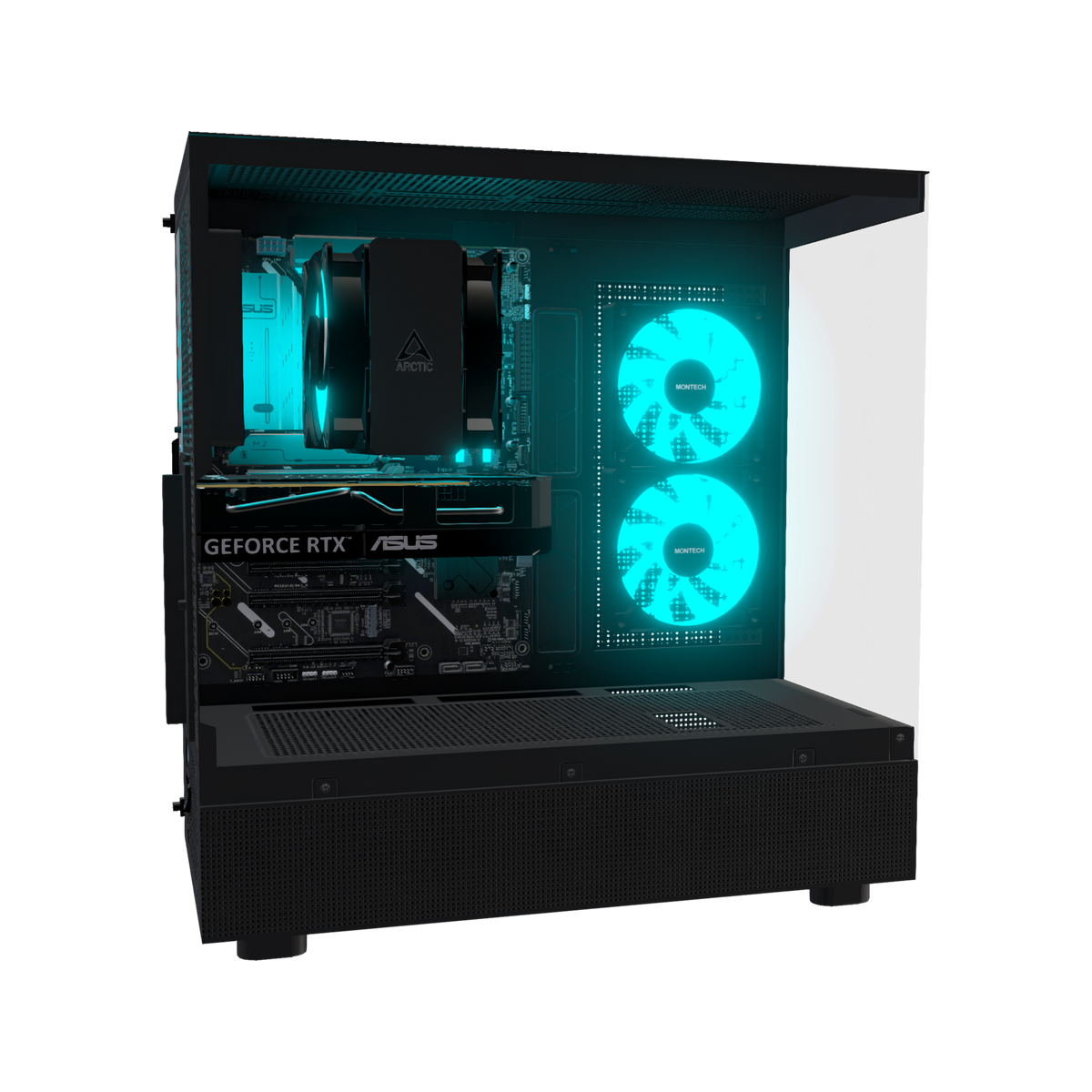 Basecamp Gaming-PC Einsteiger – 3D-Rendering von der Seite, RGB Cyan