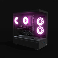 Basecamp Gaming PC Entry – 3D rendering, front three-quarter view, RGB magenta