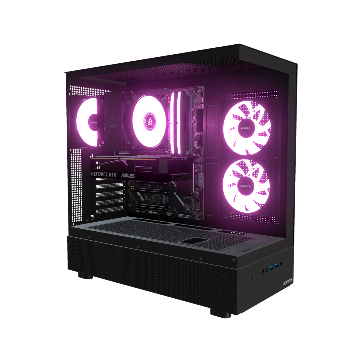 Basecamp Gaming-PC Einsteiger – 3D-Rendering schräg von vorne, RGB Magenta