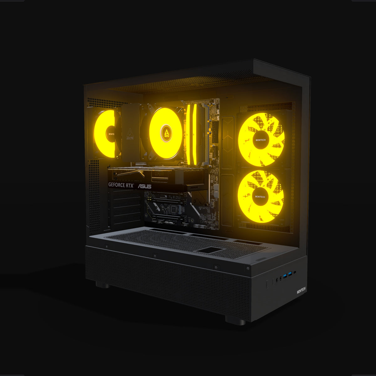 Basecamp Gaming PC Entry – 3D rendering, front three-quarter view, RGB orange