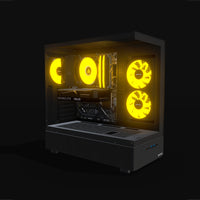 Basecamp Gaming PC Entry – 3D rendering, front three-quarter view, RGB orange