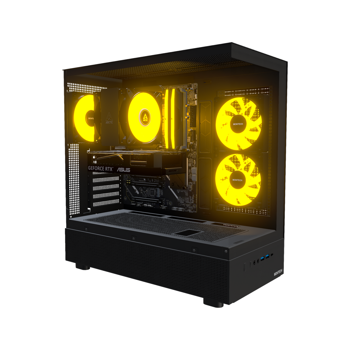Basecamp Gaming-PC Einsteiger – 3D-Rendering schräg von vorne, RGB Orange