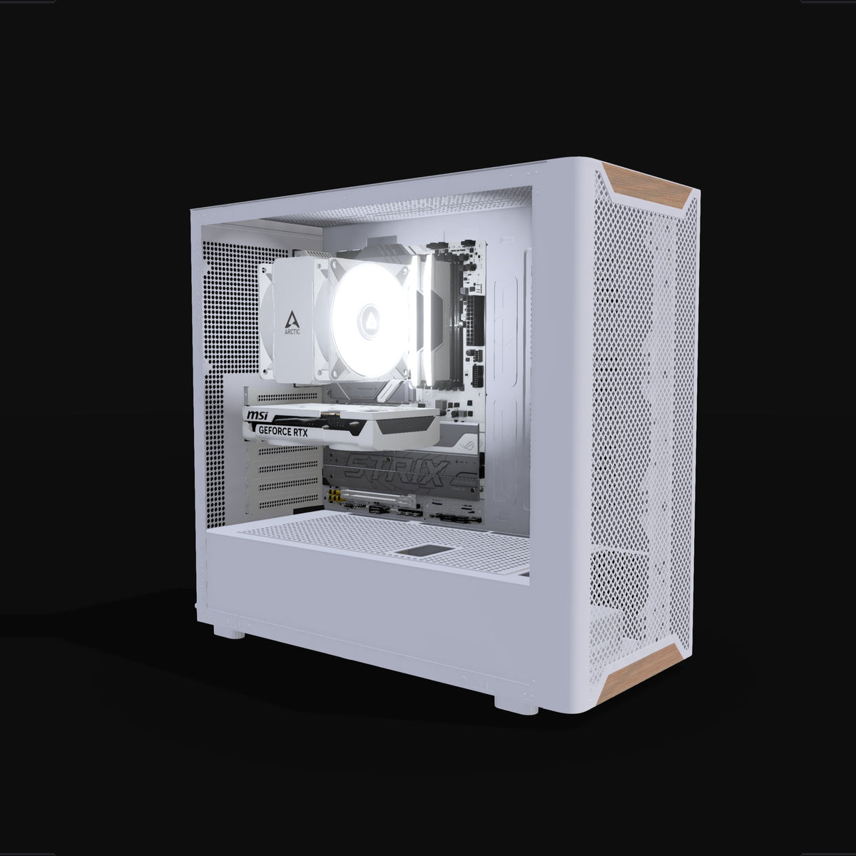 Basecamp Gaming PC Entry White – 3D rendering, front three-quarter view, RGB cool white
