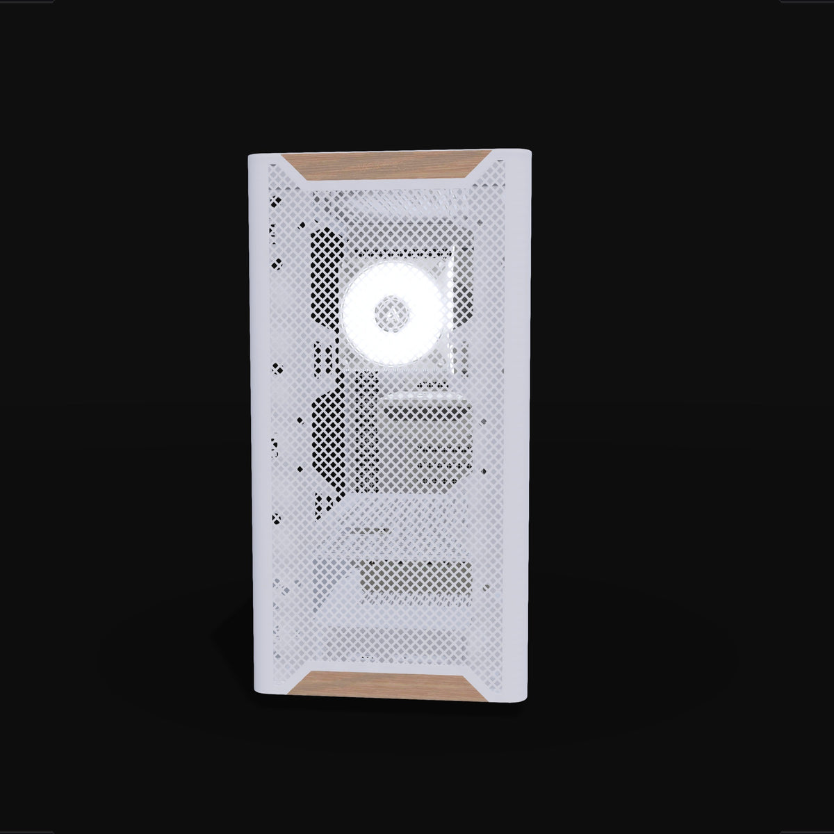 Basecamp Gaming PC Entry White – 3D rendering, front view, RGB cool white