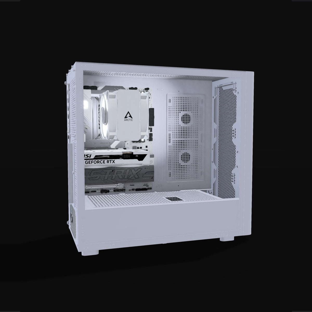 Basecamp Gaming PC Entry White – 3D rendering, side view, RGB cool white