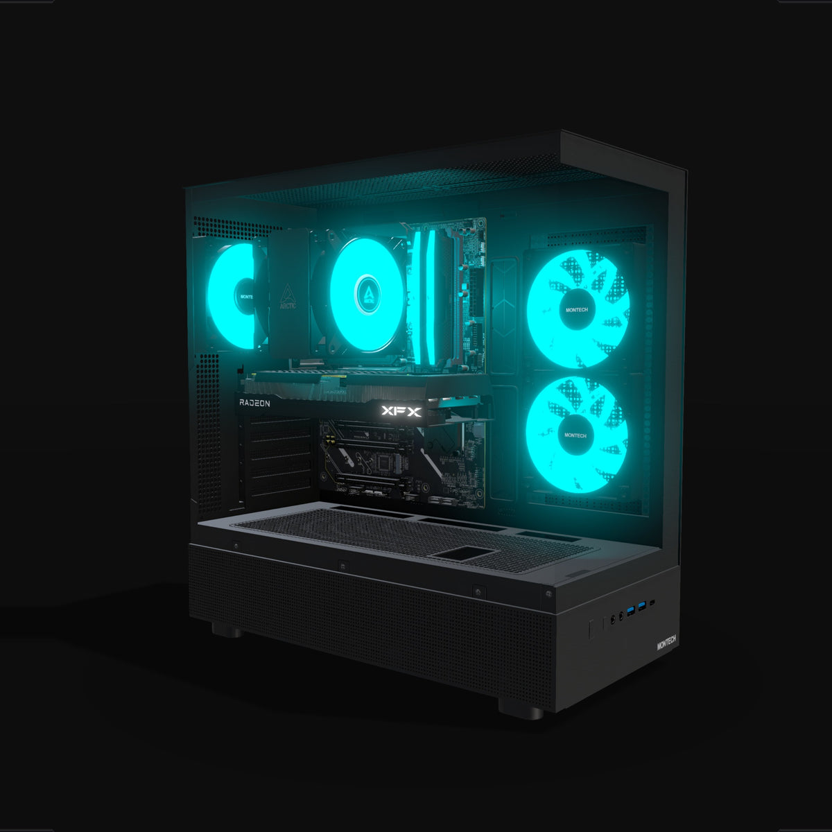 Basecamp Gaming PC Entry – 3D rendering, front three-quarter view, RGB cyan