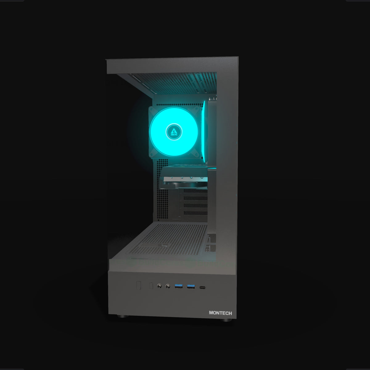 Basecamp Gaming PC Entry – 3D rendering, front view, RGB cyan