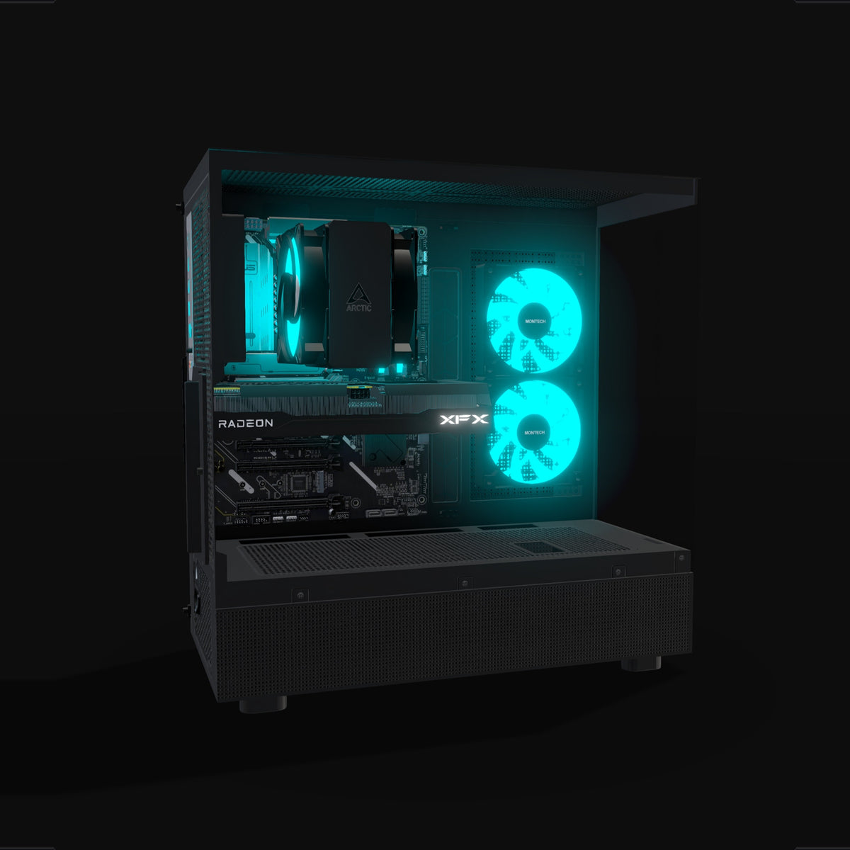 Basecamp Gaming PC Entry – 3D rendering, side view, RGB cyan