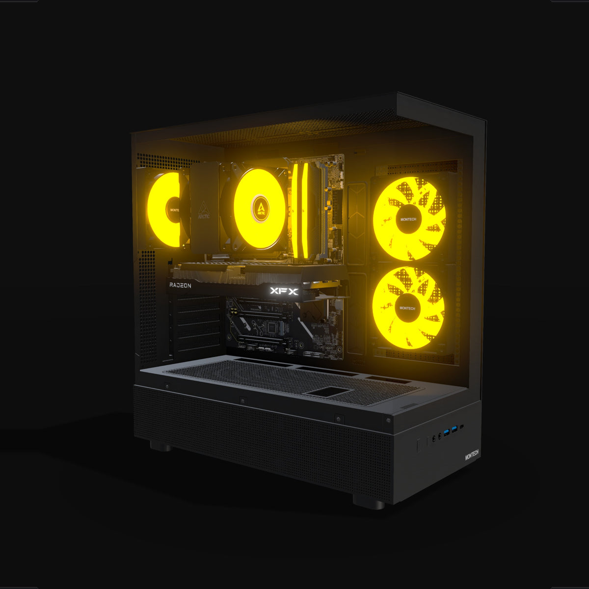 Basecamp Gaming PC Entry – 3D rendering, front three-quarter view, RGB orange