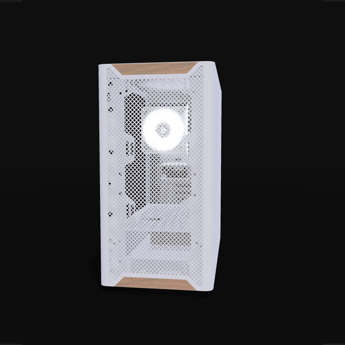 Basecamp PC da gaming Entry Bianco – rendering 3D, vista frontale, RGB bianco freddo