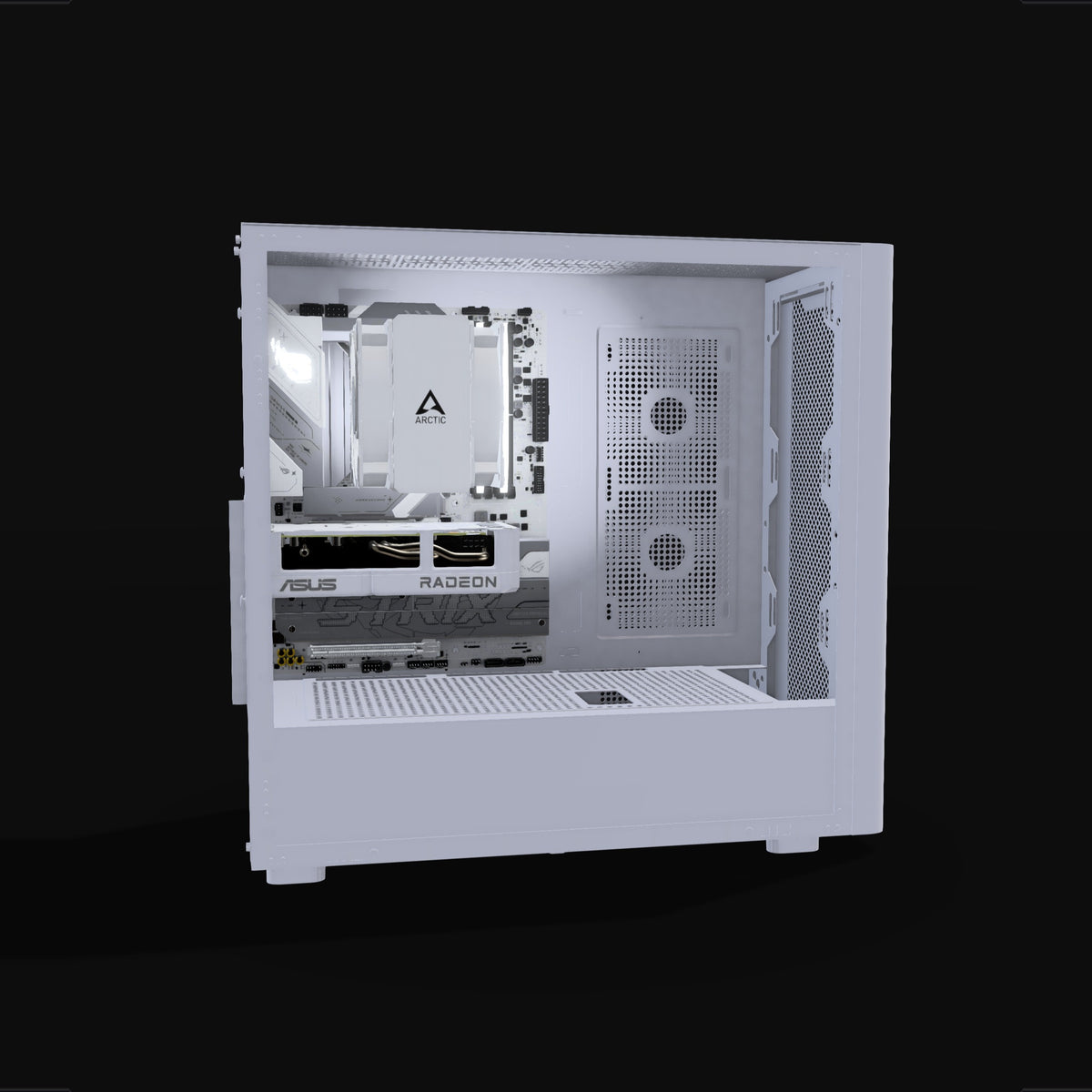 Basecamp PC da gaming Entry Bianco – rendering 3D, vista laterale, RGB bianco freddo