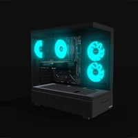 Basecamp Gaming PC Entry – 3D rendering, front three-quarter view, RGB cyan