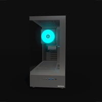 Basecamp Gaming PC Entry – 3D rendering, front view, RGB cyan