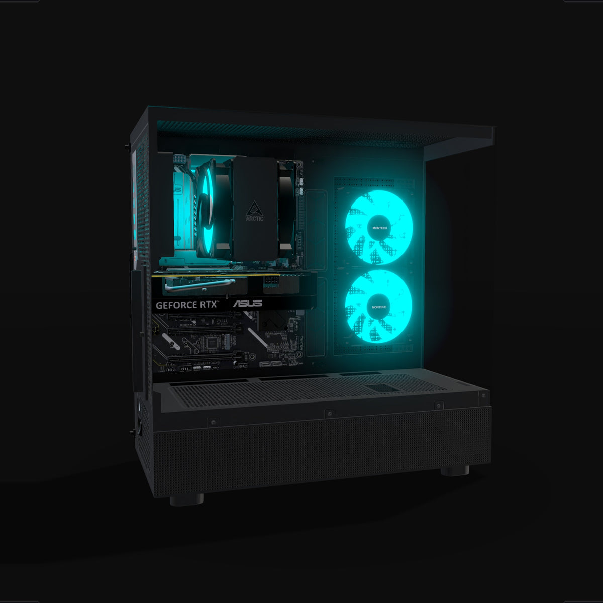 Basecamp Gaming PC Entry – 3D rendering, side view, RGB cyan