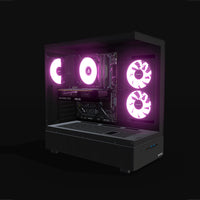 Basecamp Gaming PC Entry – 3D rendering, front three-quarter view, RGB magenta