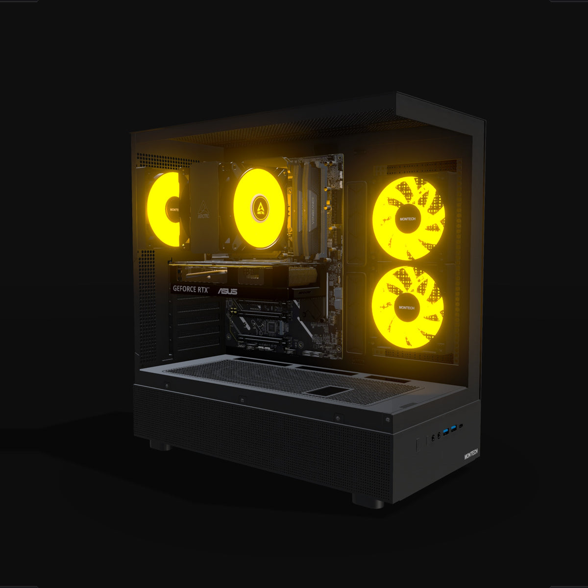 Basecamp Gaming PC Entry – 3D rendering, front three-quarter view, RGB orange
