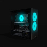 Radeon Gaming PC Midrange – 3D rendering, front three-quarter view, RGB cyan