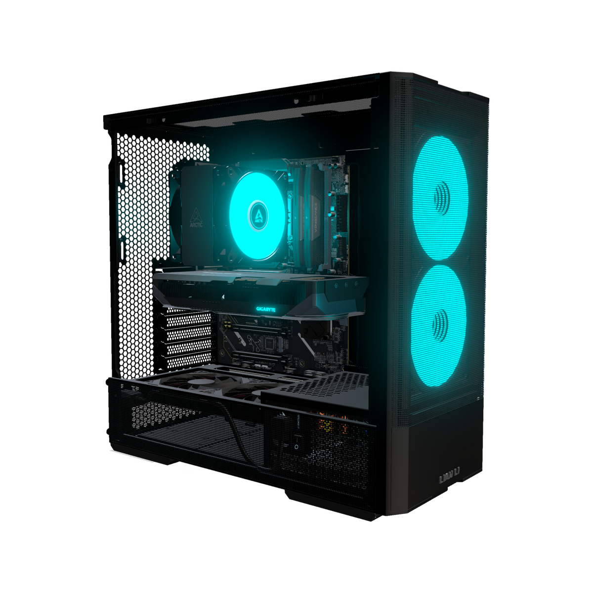Radeon PC Gamer Milieu de gamme – rendu 3D, vue de trois quarts, RGB cyan