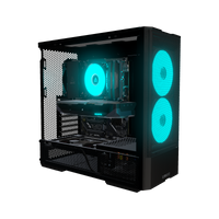 Radeon PC Gamer Milieu de gamme – rendu 3D, vue de trois quarts, RGB cyan