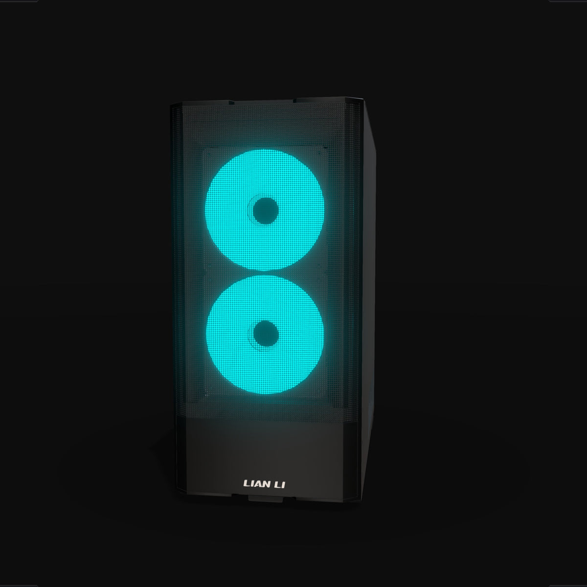 Radeon Gaming PC Midrange – 3D rendering, front view, RGB cyan