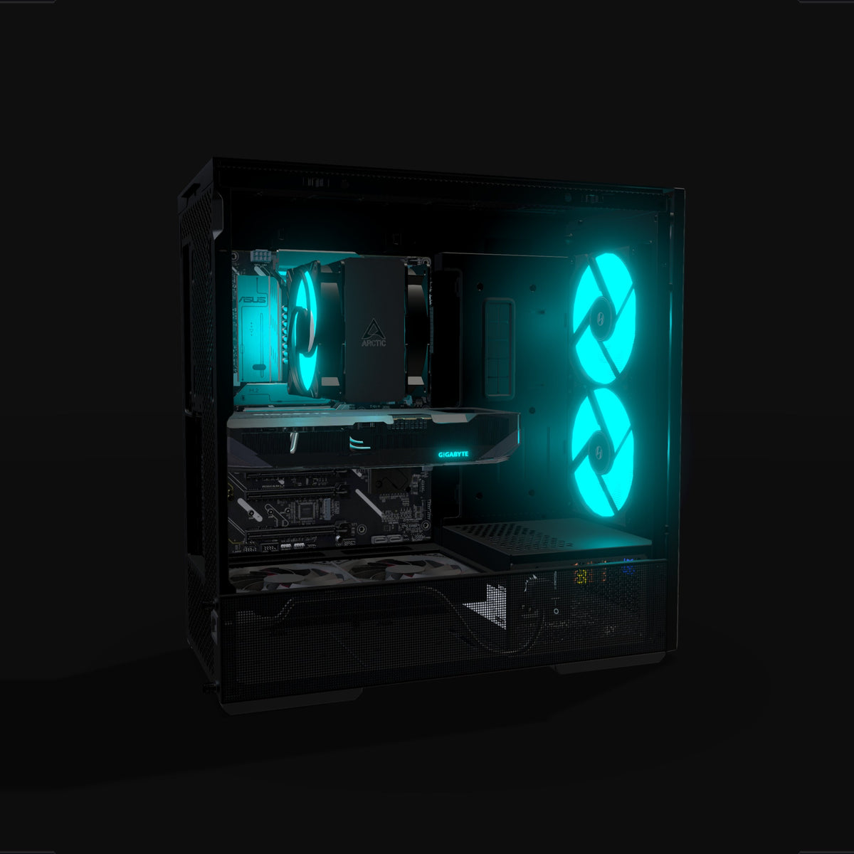 Radeon Gaming PC Midrange – 3D rendering, side view, RGB cyan