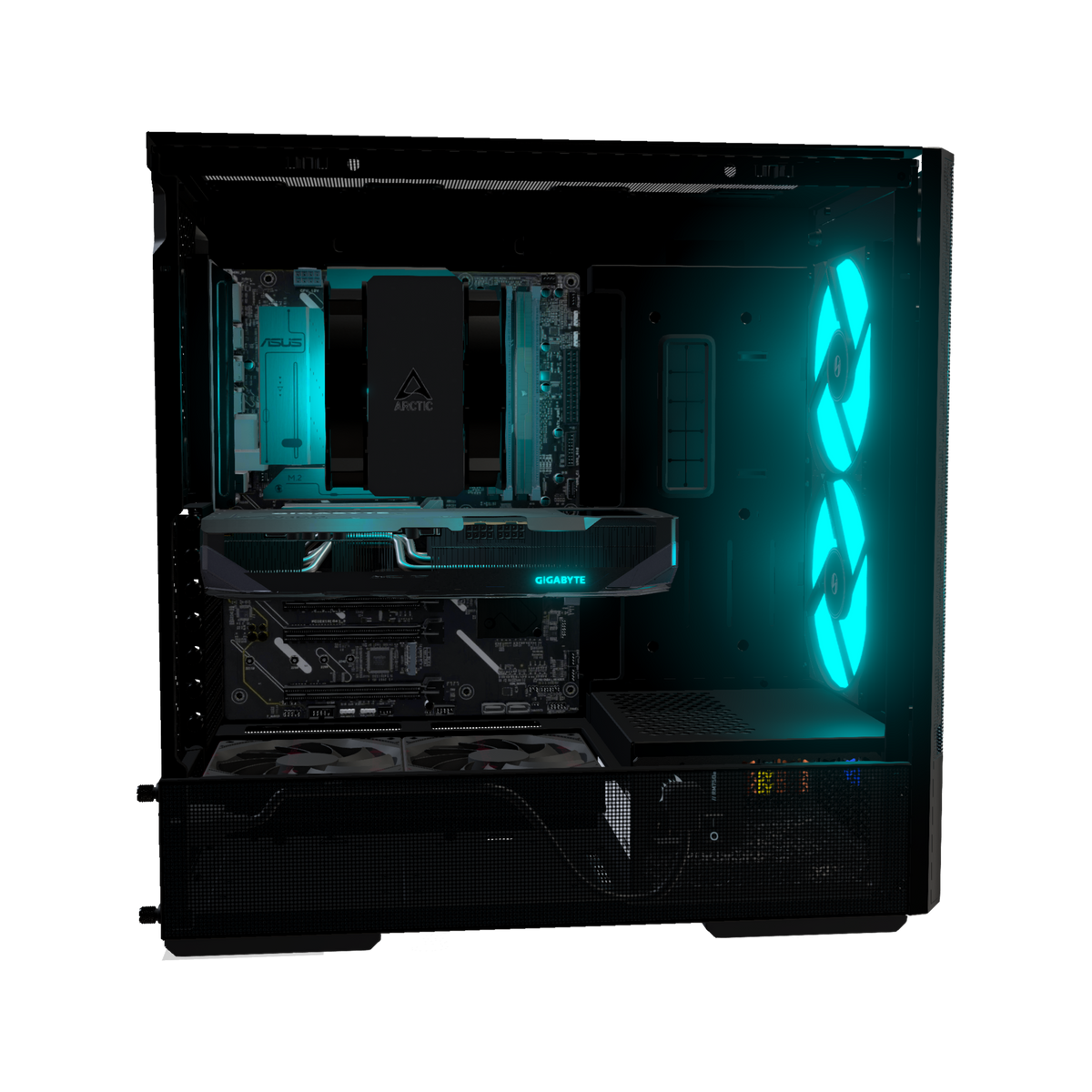 Radeon PC Gamer Milieu de gamme – rendu 3D, vue de côté, RGB cyan