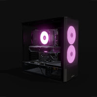 Radeon Gaming PC Midrange – 3D rendering, front three-quarter view, RGB magenta