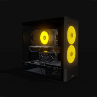 Radeon Gaming PC Midrange – 3D rendering, front three-quarter view, RGB orange