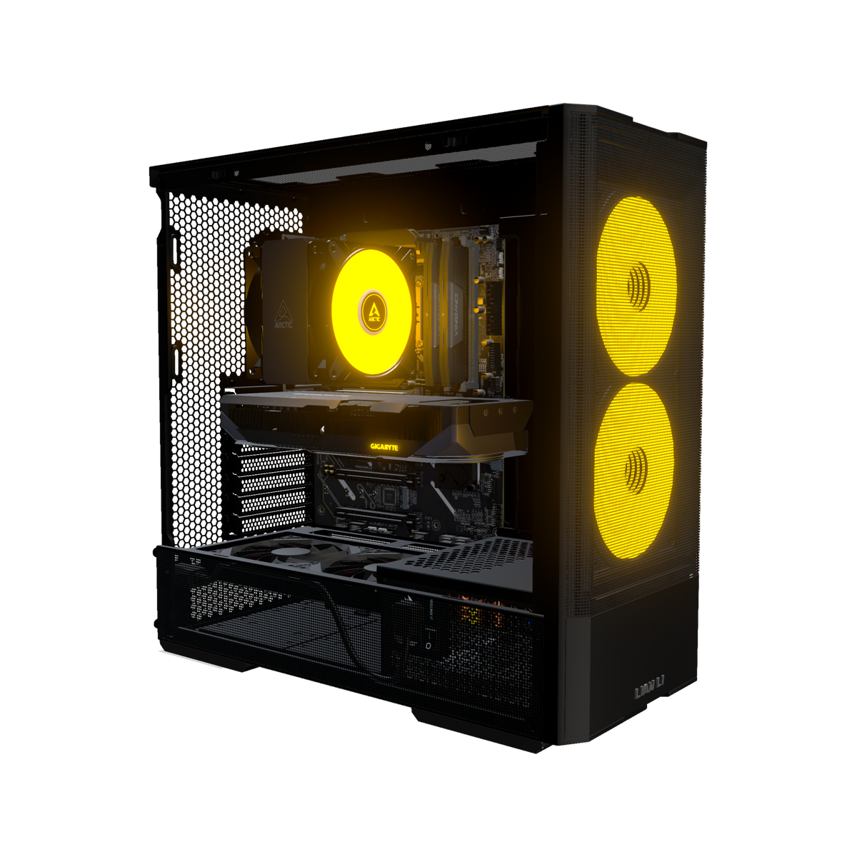 Radeon PC Gamer Milieu de gamme – rendu 3D, vue de trois quarts, RGB orange
