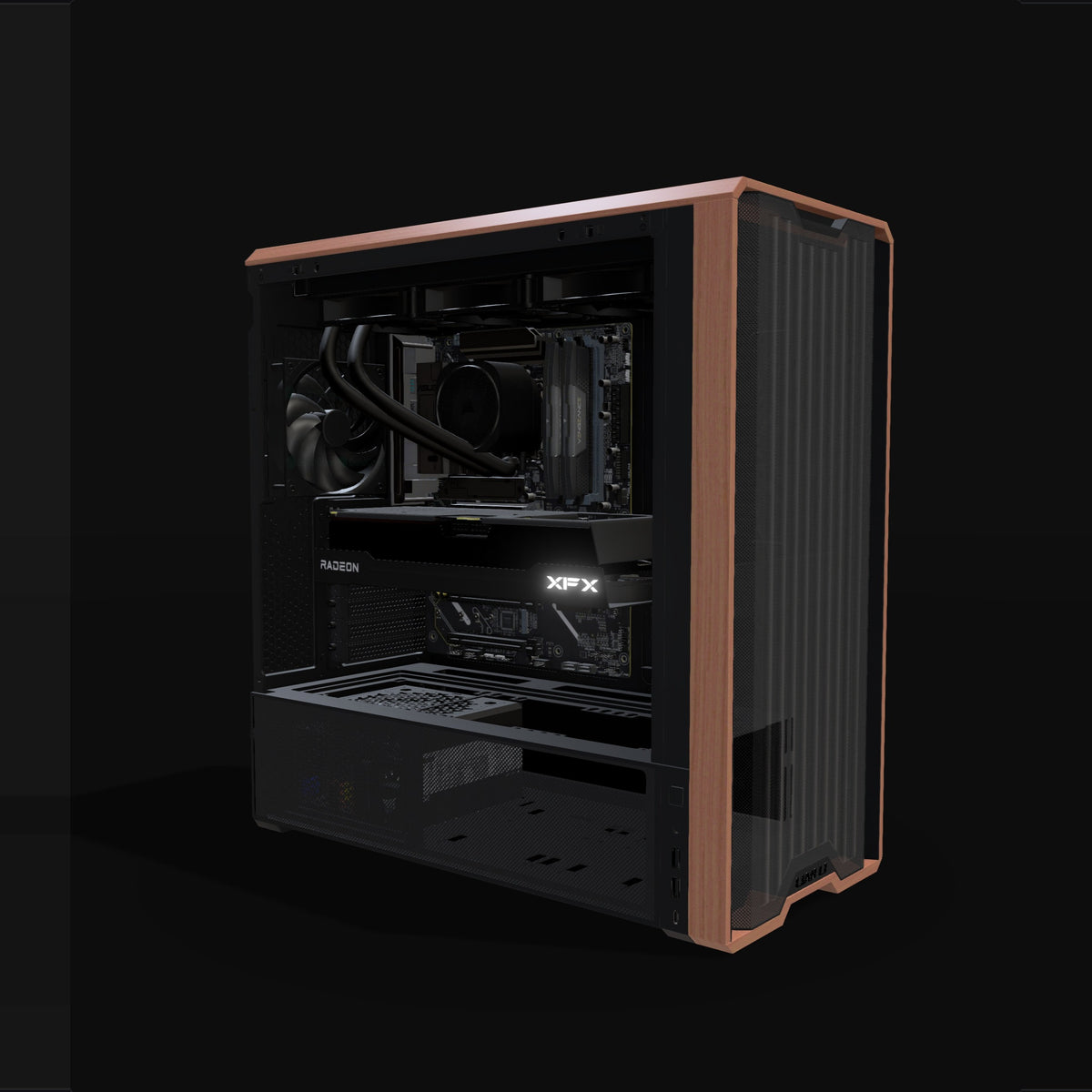 Radeon Gaming PC Midrange – 3D rendering, front three-quarter view