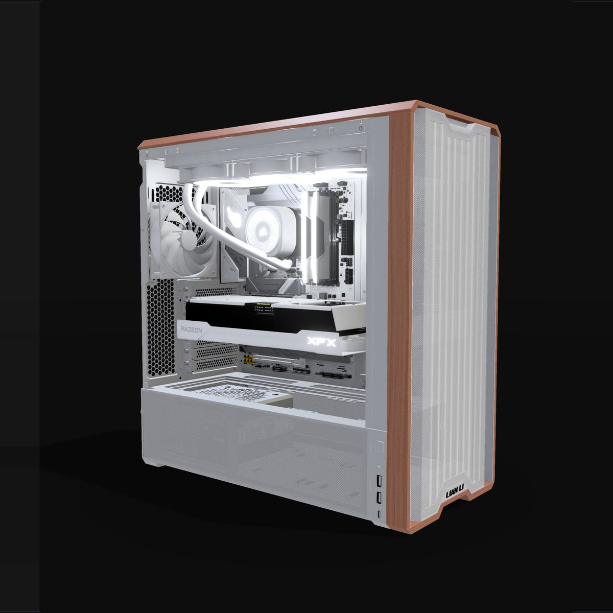 Radeon Gaming PC Midrange White – 3D rendering, front three-quarter view, RGB cool white