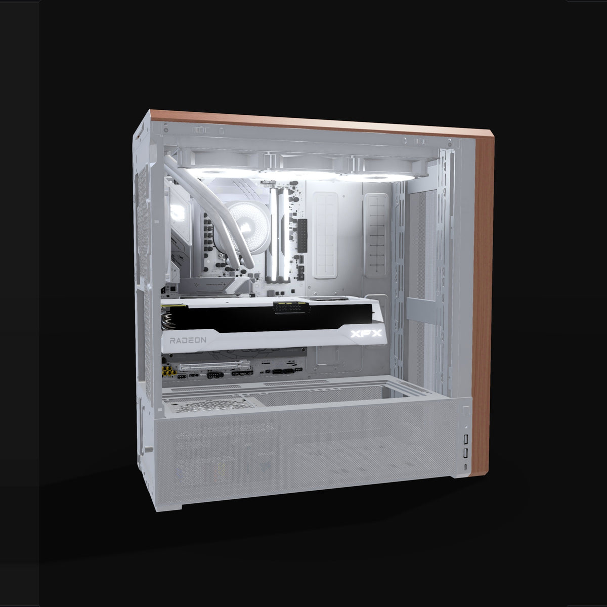 Radeon Gaming PC Midrange White – 3D rendering, side view, RGB cool white