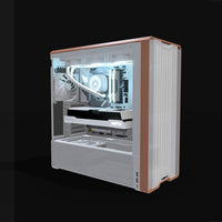 Radeon Gaming PC Midrange White – 3D rendering, front three-quarter view, RGB ice blue