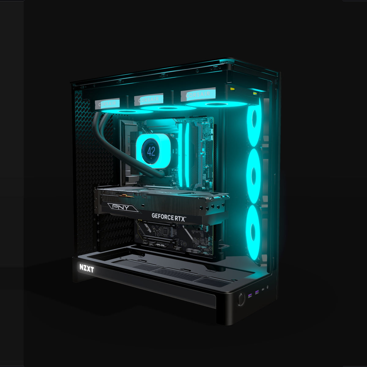 Showcase Gaming-PC Midrange – 3D-Rendering schräg von vorne, RGB Cyan