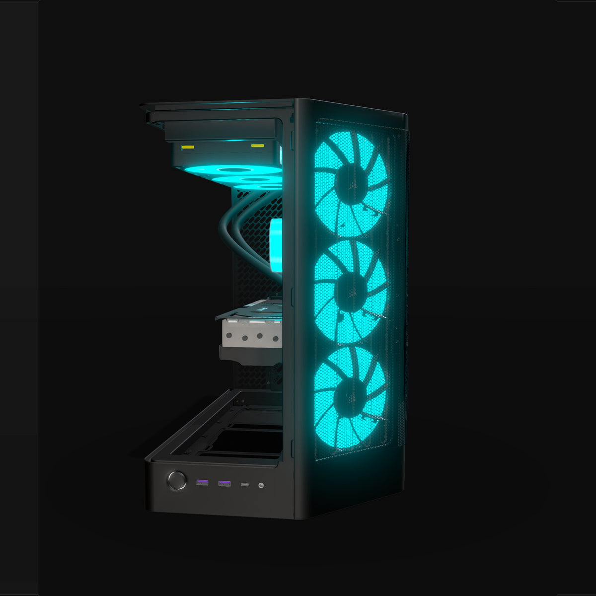 Showcase Gaming-PC Midrange – 3D-Rendering von vorne, RGB Cyan